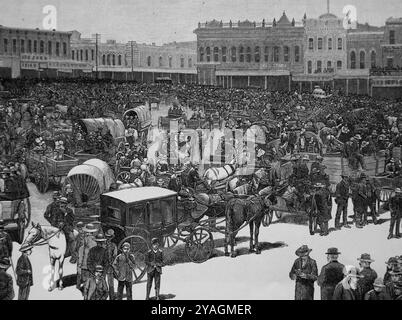 STATI UNITI. Carri coperti e campi di migranti appena arrivati fuori San Diego. California, 1873. Frank Leslie e' Incisione. Foto Stock