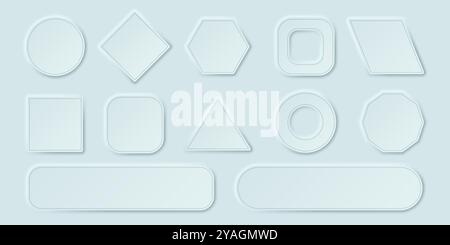 Raccolta di bottoni vuoti nello stile del neomorfismo. Impostare per la progettazione degli elementi dell'interfaccia utente. Illustrazione vettoriale 3D. Illustrazione Vettoriale
