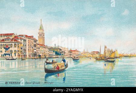 Cartolina cromo-litografica illustrata d'epoca del Canal grande a Venezia, Italia. Foto Stock