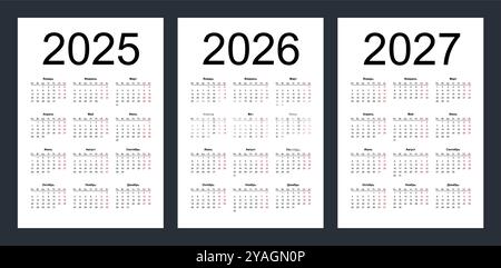 Griglia calendario per 2025, 2026 e 2027 anni. Semplice modello verticale in lingua russa. La settimana inizia da lunedì. Illustrazione del vettore isolato su wh Illustrazione Vettoriale