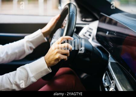 Primo piano delle mani di una persona che tiene il volante di un'auto elettrica, mostrando la tecnologia moderna e il design automobilistico ecologico. Foto Stock