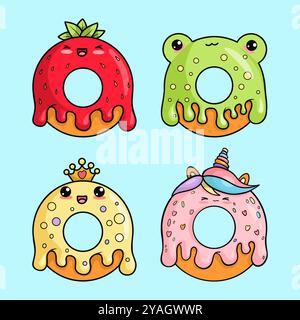 Graziosa collezione di ciambelle dolci. Divertente cottura Royal in corona, rana, fragola e unicorno con glassa. cibo cartoni animati isolato e cartoni animati kawaii Illustrazione Vettoriale
