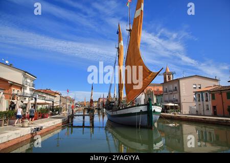 Navi storiche, Museo della Marina, nel canale del centro storico. Bandiere di vari colori e disegni . Canale progettato da Leonardo da Vinci. Foto Stock