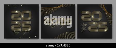 Elegante e lussuoso sfondo Happy Never Year 2025 nei colori nero e oro. Design per poster, banner. Illustrazione vettoriale Illustrazione Vettoriale