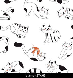 Motivo senza cuciture con simpatici gatti in pose diverse. Illustrazione vettoriale su sfondo bianco con animali domestici in linea Illustrazione Vettoriale
