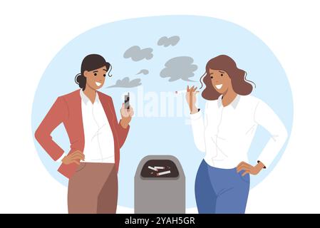 Le donne che fumano usano sigarette di tabacco e nicotina o dispositivi vape, in piedi vicino al bidone della spazzatura Illustrazione Vettoriale