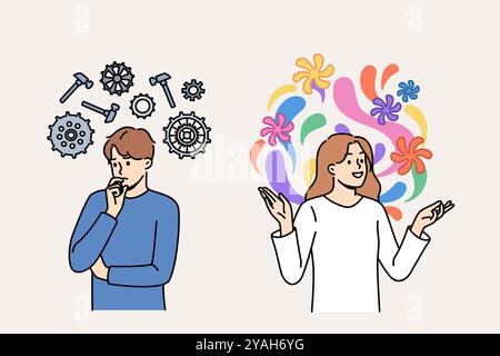 Pensiero pragmatico e creativo tra due persone che utilizzano modi diversi di risolvere i problemi. Differenza tra il pensiero di uomo e donna, per esempio ragazzo con meccanismo e ragazza con fiori sopra la testa Illustrazione Vettoriale