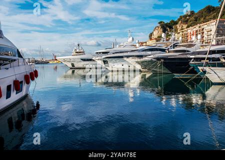 Fantastica vista sul naso di lussuosi yacht a motore al porto di Lympia o al porto di Hercule o al Vieux Port de Marseille nella soleggiata mattinata d'estate per rilassarsi Foto Stock