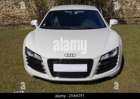 Moderna auto sportiva bianca audi r8 parcheggiata sull'erba di fronte a un muro di pietra Foto Stock