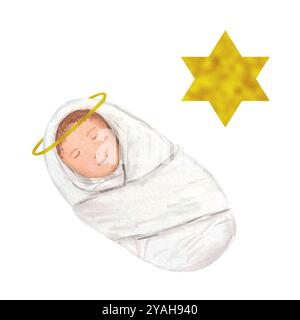 Gesù bambino avvolto, la stella dell'acquerello di David isolato sul bianco. Dipinto a mano, perfetto per carte, adesivi, celebrazione del vero Foto Stock