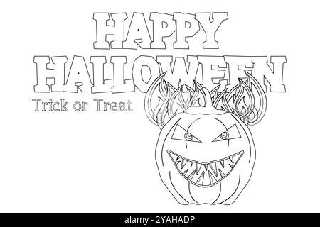 Una divertente pagina colorata a tema Halloween con una spaventosa Jack-o-lanterna con dettagli ardenti e audaci testi di Happy Halloween. Ottimo per i bambini. Illustrazione Vettoriale