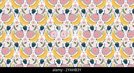 Vivace motivo senza cuciture con banane, fichi, more, fragole bianche, fiori rosa, e foglie verdi. Progettato in uno stile vettoriale moderno e organico con colori piatti e un fascino divertente e infantile Illustrazione Vettoriale