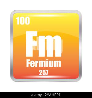 Simbolo dell'elemento fermio. Numero atomico 100. Massa 257. Icona quadrata gialla. Illustrazione Vettoriale