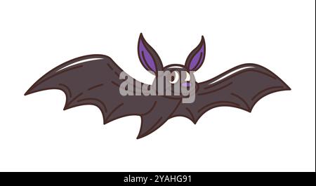 Il famoso pipistrello volante di Halloween per le vacanze serali horror in un cartone animato retrò, un mostro vettoriale. Divertente strega o pipistrello vampiro con faccia felice e sorriso funky per il trucco o la festa di Halloween Illustrazione Vettoriale