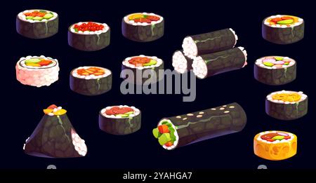 Set kimbap Cartoon cucina coreana. Involtini asiatici vettoriali, con diversi ingredienti deliziosi come verdure, pesce e riso. Ogni pezzo e' appetitoso e rappresenta la cucina tradizionale della Corea Illustrazione Vettoriale