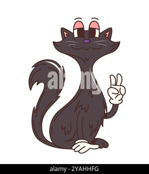 Personaggio gatto nero di Halloween con gesto hippie di pace per le vacanze, vettore di cartoni animati. Divertente strega nera gatto personaggio cartoni animati retrò con un sorriso felice per il trucco o la festa di Halloween Illustrazione Vettoriale