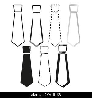 Set di icone di ancoraggio. Contorno accessorio alla moda. Simbolo dell'abbigliamento da lavoro. Collezione di cravatte formale. Illustrazione Vettoriale