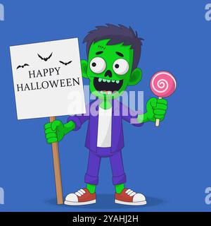 Biglietto d'auguri di Halloween. Zombie con striscione in mano con un felice saluto di Halloween. EPS10 Illustrazione Vettoriale