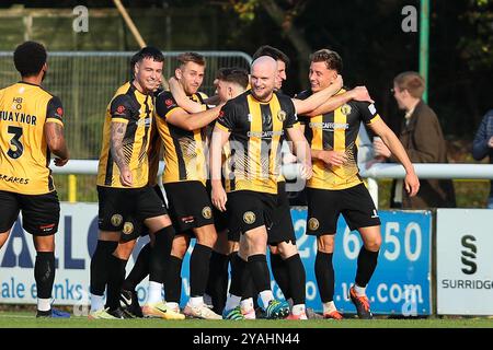 George Ward di Leamington e i suoi compagni di squadra celebrano il suo sideÕs gol durante la partita della Vanarama National League North tra il Leamington FC A. Foto Stock