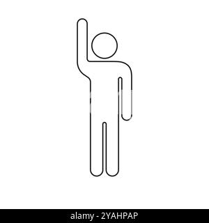 Icona della persona che ondeggia l'icona della linea della mano. Simbolo del gesto di saluto. Figura umana con braccio rialzato in gesto di saluto. Tratto modificabile. Vettore isolato Illustrazione Vettoriale