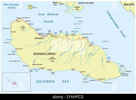 Mappa dettagliata dell'isola di Solomon Guadalcanal Foto Stock