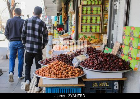 Gaziantep, Turkiye. 16 marzo 2024. Un negoziante espone vassoi di vari tipi di datteri nel suo negozio di frutta secca e frutta secca a Gaziantep, nella Turchia meridionale. Anche se le date sono sempre popolari in Medio Oriente, rompere velocemente con alcune date è una tradizione importante durante il mese sacro musulmano del Ramadan Foto Stock