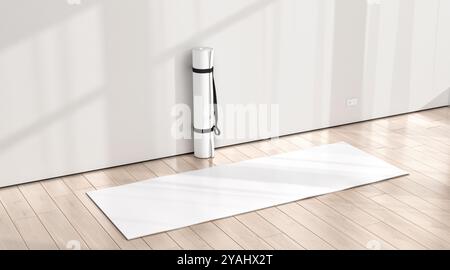 Tappetino per yoga in rotolo bianco bianco in mockup per area sportiva, rendering 3d. Yogamat piatto vuoto in classe hobby per una posa zen mock up, vista laterale. Cancella Foto Stock