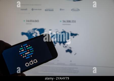 Rheinbach, Germania 13 ottobre 2024, il logo del marchio dell'azienda "Ada Health" sul display di uno smartphone davanti al sito Web Foto Stock