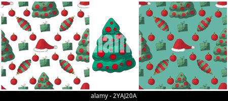 Vacanze di Natale. Alberi di Natale, cappelli, regali. Imposta i motivi senza cuciture nello stile del disegno a mano. Può essere utilizzato per tessuti e così via Illustrazione Vettoriale