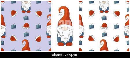 Vacanze di Natale. Cappelli di Capodanno, gnomi. Imposta i motivi senza cuciture nello stile del disegno a mano. Può essere utilizzato per tessuti e così via Illustrazione Vettoriale
