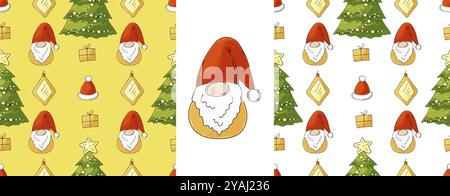 Vacanze di Natale. Cappelli di Capodanno, gnomi. Imposta i motivi senza cuciture nello stile del disegno a mano. Può essere utilizzato per tessuti Illustrazione Vettoriale