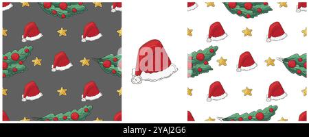 Vacanze di Natale. Alberi di Natale, cappelli, regali. Imposta i motivi senza cuciture nello stile del disegno a mano. Può essere utilizzato per tessuti Illustrazione Vettoriale