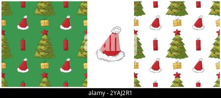 Vacanze di Natale. Imposta i motivi senza cuciture nello stile del disegno a mano. Alberi di Natale, cappelli, regali. Può essere utilizzato per tessuti e così via Illustrazione Vettoriale