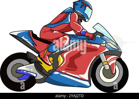 Design di una moto da corsa Grand prix in rosso e blu. Perfetto per adesivi, icone e loghi Illustrazione Vettoriale