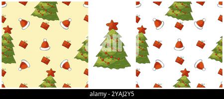 Vacanze di Natale. Imposta i motivi senza cuciture nello stile del disegno a mano. Alberi di Natale, cappelli, regali. Può essere utilizzato per tessuti Illustrazione Vettoriale