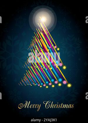 Buon albero di natale con luci colorate. L'albero è su sfondo blu. Ci sono stelle sull'albero Illustrazione Vettoriale