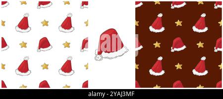 Vacanze di Natale. Imposta i motivi senza cuciture nello stile del disegno a mano. Cappelli di Capodanno, stelle. Può essere utilizzato per tessuti, imballaggi e così via Illustrazione Vettoriale