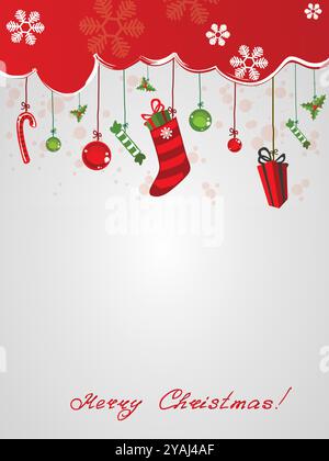 Buon Natale! Uno sfondo rosso e bianco con una calza a righe rosse e verdi appesa al soffitto. La calza e' piena di caramelle, giocattoli, a Illustrazione Vettoriale