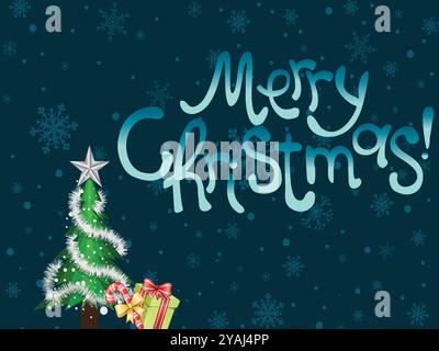 buon natale! Uno sfondo blu con un albero e presenta. L'albero è decorato con tinsel e i regali sono avvolti in carta Illustrazione Vettoriale