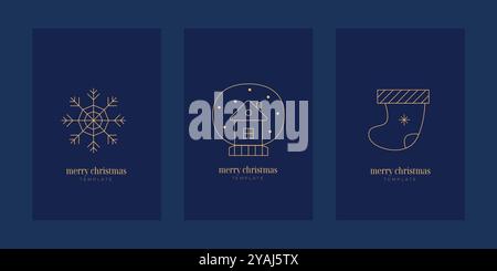 Un semplice invito di Natale di lusso, biglietti d'auguri, modelli di banner. Linea d'oro buon Natale, felice anno nuovo fiocco di neve, palla di neve, calzino per Babbo Natale. Illustrazione Vettoriale