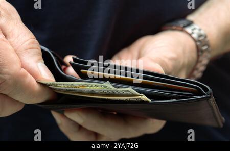 Primo piano di una persona che apre un portafoglio, rivela contanti e carte di credito, simboleggia la finanza e le spese personali. Foto Stock