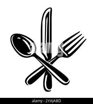 Coltello, forchetta e cucchiaio incrociati per il menu al ristorante e al bar. Simbolo delle posate o emblema Illustrazione Vettoriale