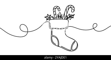 Una linea continua di calze natalizie appese con silhouette su sfondo bianco Illustrazione Vettoriale