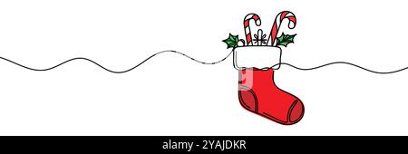 Una linea continua di calze natalizie appese con silhouette su sfondo bianco Illustrazione Vettoriale