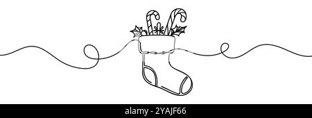 Una linea continua di calze natalizie appese con silhouette su sfondo bianco Illustrazione Vettoriale