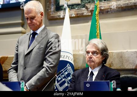 Roma, Italia. 14 ottobre 2024. Il presidente del CNEL Renato Brunetta presenta al Ministro per la pubblica Amministrazione Paolo Zangrillo la relazione sui servizi pubblici 2024 - Roma, Italia - Luned&#xec;, 14 ottobre 2024 (foto Cecilia Fabiano/LaPresse) il Presidente del CNEL Renato Brunetta presenta il rapporto 2024 sui servizi pubblici al Ministro della pubblica Amministrazione Paolo Zangrillo&#x2014; Roma, Italia - lunedì 14 ottobre 2024 (foto Cecilia News/LaPresse) Foto Stock