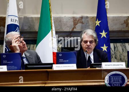 Roma, Italia. 14 ottobre 2024. Il presidente del CNEL Renato Brunetta presenta al Ministro per la pubblica Amministrazione Paolo Zangrillo la relazione sui servizi pubblici 2024 - Roma, Italia - Luned&#xec;, 14 ottobre 2024 (foto Cecilia Fabiano/LaPresse) il Presidente del CNEL Renato Brunetta presenta il rapporto 2024 sui servizi pubblici al Ministro della pubblica Amministrazione Paolo Zangrillo&#x2014; Roma, Italia - lunedì 14 ottobre 2024 (foto Cecilia News/LaPresse) Foto Stock