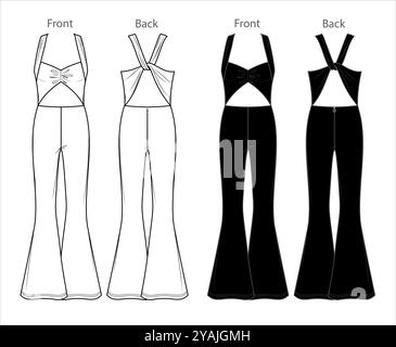 Tuta Vector Woman senza spalline disegno tecnico, tuta senza maniche con CAD aperto sulla schiena e sull'arco, modello dritto per tuta larga, fla Illustrazione Vettoriale
