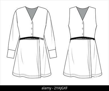 Abito in tweed vettoriale con disegno tecnico con frange, mini abito senza maniche con scollo a V CAD, schizzo, modello, piatto. Jersey o tessuto 2 pz Illustrazione Vettoriale