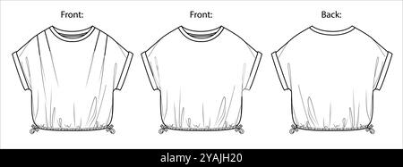 Vector girocollo moda CAD, donna set da 2 pezzi t shirt disegno tecnico, T-shirt a maniche corte con piano di raccolta, sagoma, schizzo. Maglia o tessitura Illustrazione Vettoriale